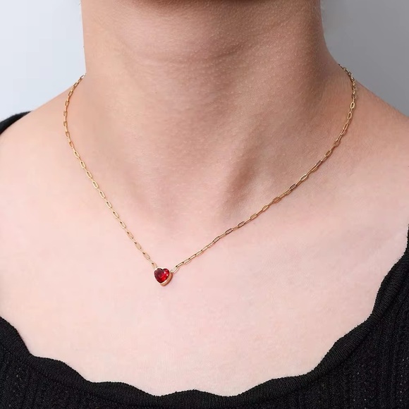 18K Gold Plated - Heart Necklace with Red Gemstone - Picture 2 of 6